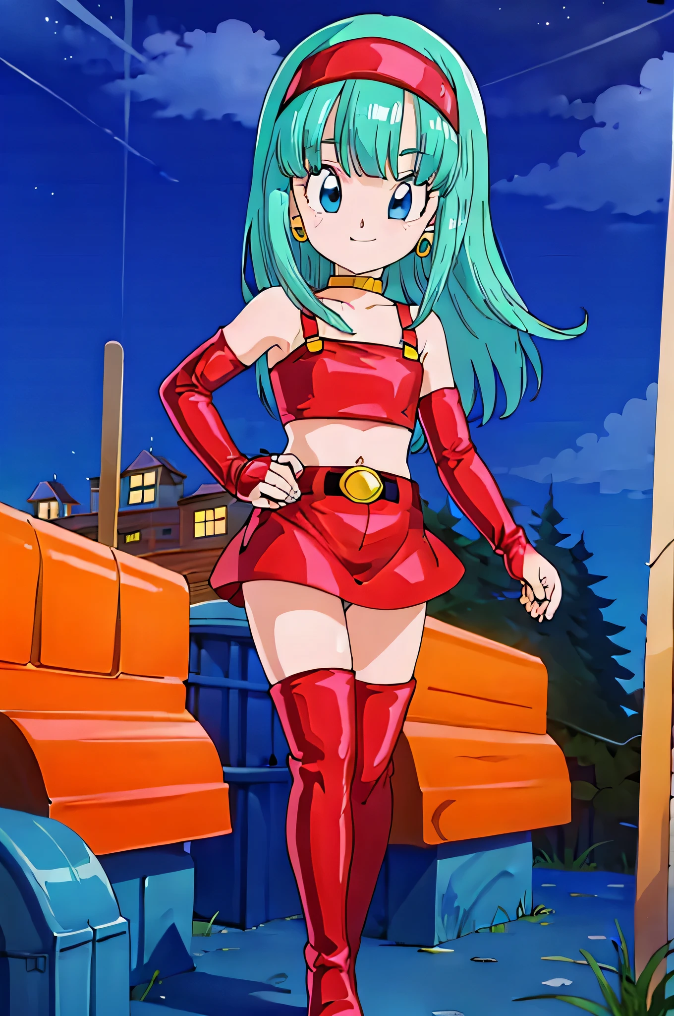 bulla, aqua hair, blue eyes, long hair, tube top, skirt, belt, thigh high boots photo, smile, high quality, hairband, earrings, gloves, jewelry, city, street, buildings, night sky, star \(sky\), close up