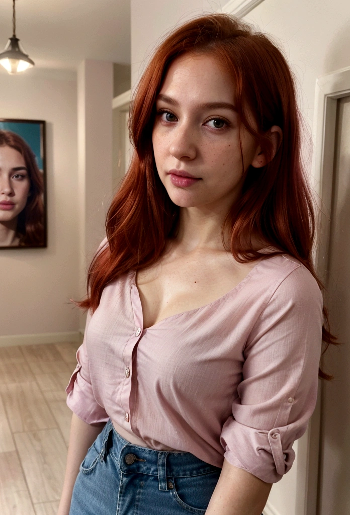 (hyperrealistic image), (good lighting), (instagram style), 30-year-old woman, pale light skin, disheveled natural red hair, small mole near the mouth, black eyes, excited facial expression, blushing, blushing, thin build, dressed in a pink blouse, blue jeans, in the hallway of a house