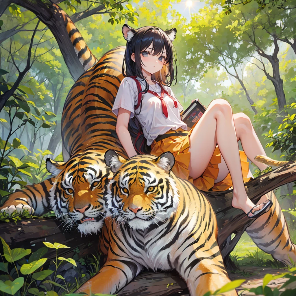 A girl,Fighting_tiger.forest.evining.sun sitting.