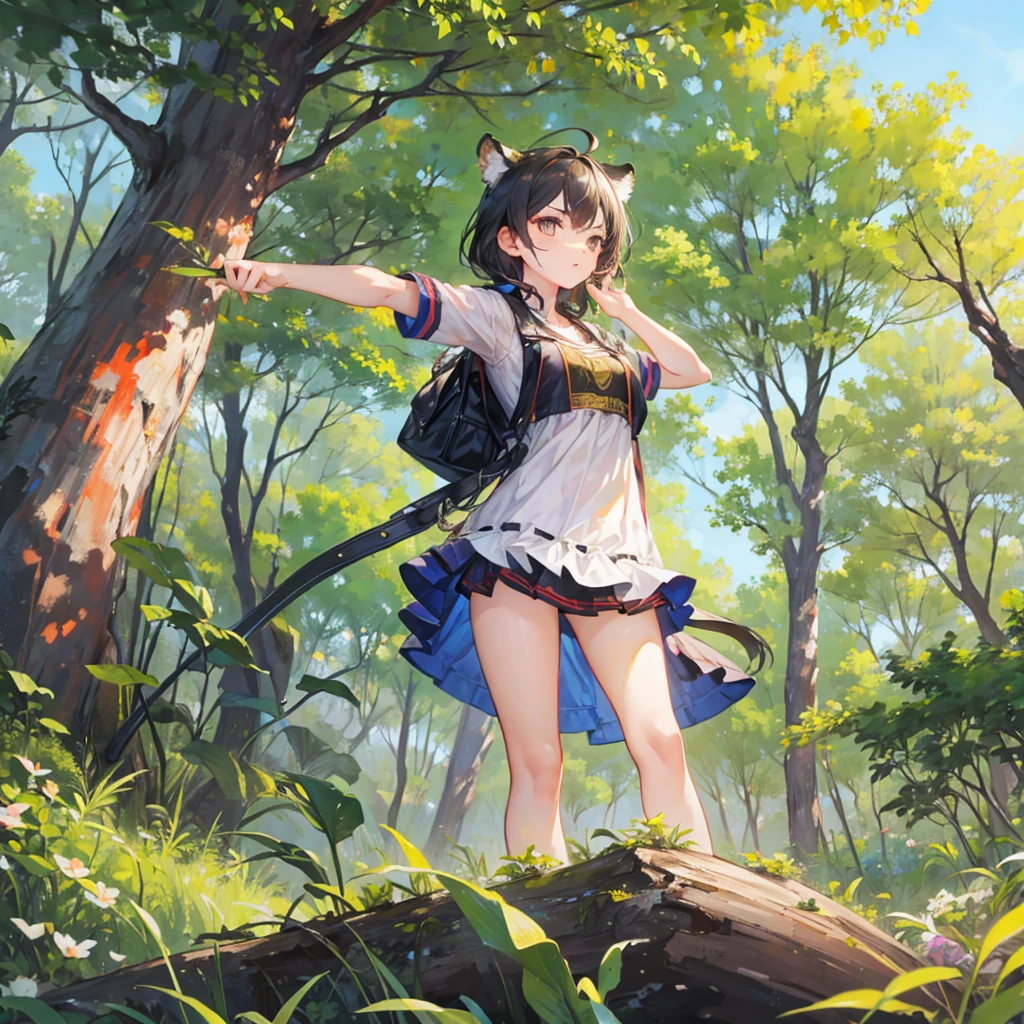 A girl,Fighting_tiger.forest.evining.sun sitting.