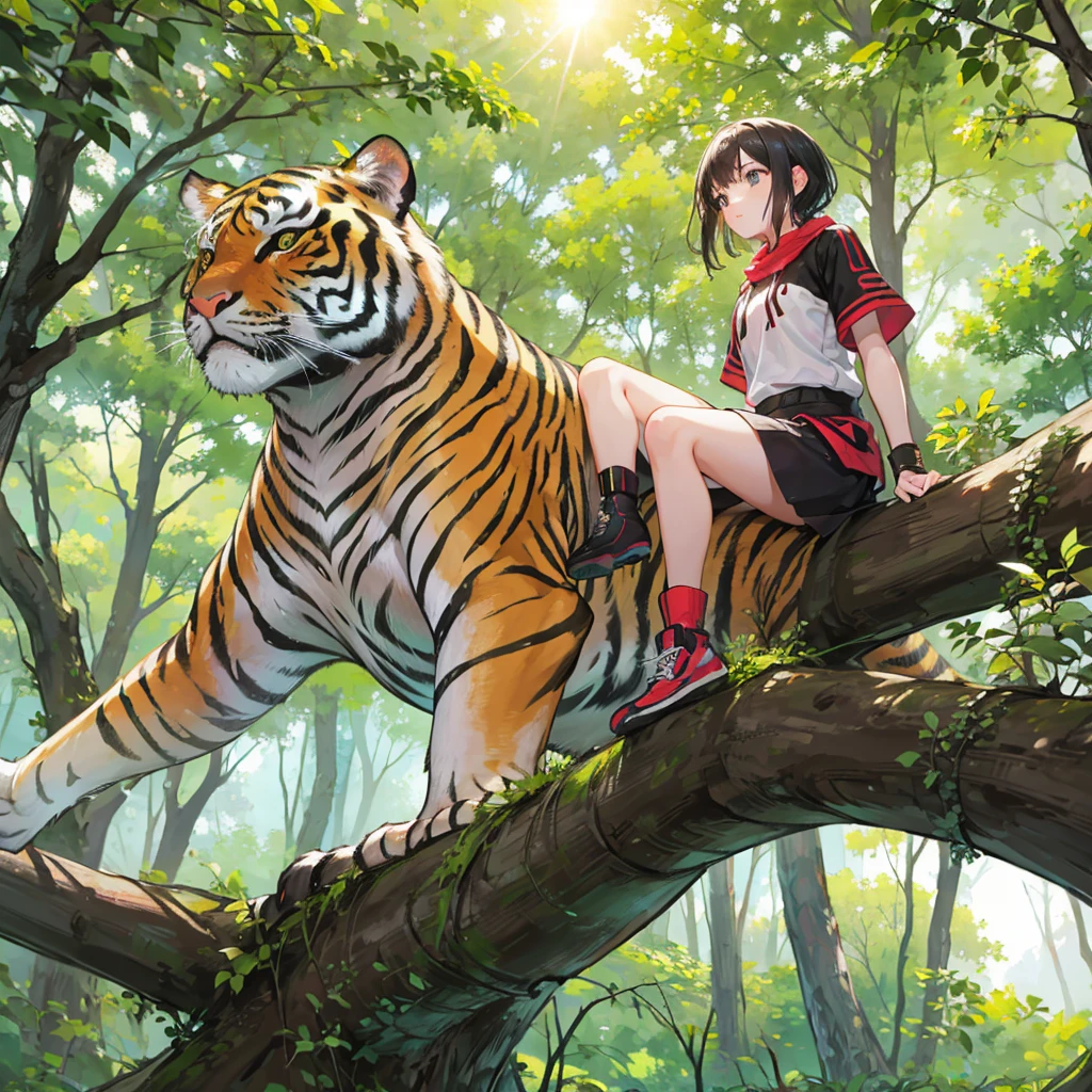 A girl,Fighting_tiger.forest.evining.sun sitting.