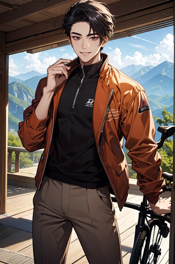 The foreground features Yang Jinrong, a handsome young man with a confident smile, looking directly at the camera. He is wearing casual clothes and is holding a high-end mountain bike