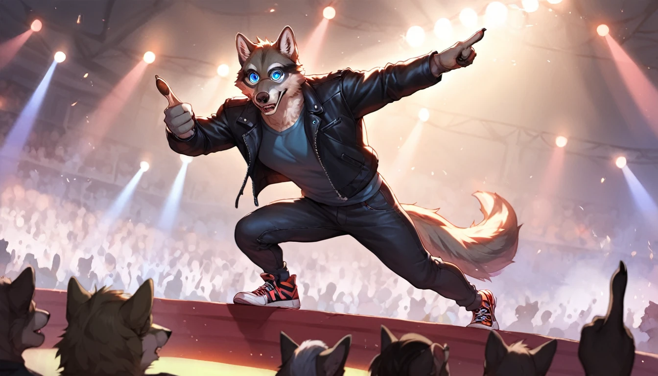 (cinematic, score_8_up,:1.5), by chunie, male, masculine, muscular, plantigrade, (hi-top_sneakers), black leather jacket, anthro, furry, gray_wolf, (pointing_at_viewer:1.2), looking down at crowd, concert stage, flashing lights, forced perspective, posing, dynamic pose, detailed background,((detailed fur)), (detailed eyes:1.5), large eyes, blue eyes, full body,