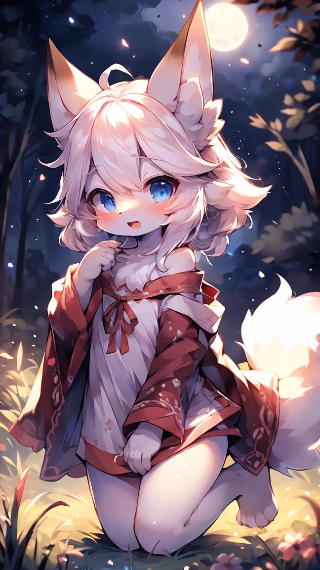  Extremely detailed, beautiful, Fair, masterpiece, best quality, Calming color palette, Peace of mind，White flull，fluffy white tail， blush，HD Wallpapers，16k resolution, Deep blue eyes，Like the eyes of the galaxy，hairy尾巴，Pink cat ears，Plush body，paw,hairy,浑身hairy，Long legs，blush，Open your mouth，Loose clothing，Off-shoulder，White hair，grassland，moonlight，fox，like，charming，cute，White Silk