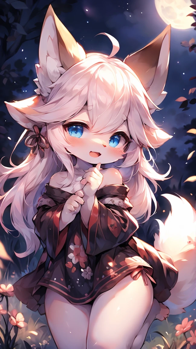  Extremely detailed, beautiful, Fair, masterpiece, best quality, Calming color palette, Peace of mind，White flull，fluffy white tail， blush，HD Wallpapers，16k resolution, Deep blue eyes，Like the eyes of the galaxy，hairy尾巴，Pink cat ears，Plush body，paw,hairy,浑身hairy，Long legs，blush，Open your mouth，Loose clothing，Off-shoulder，White hair，grassland，moonlight，fox，like，charming，cute，White Silk