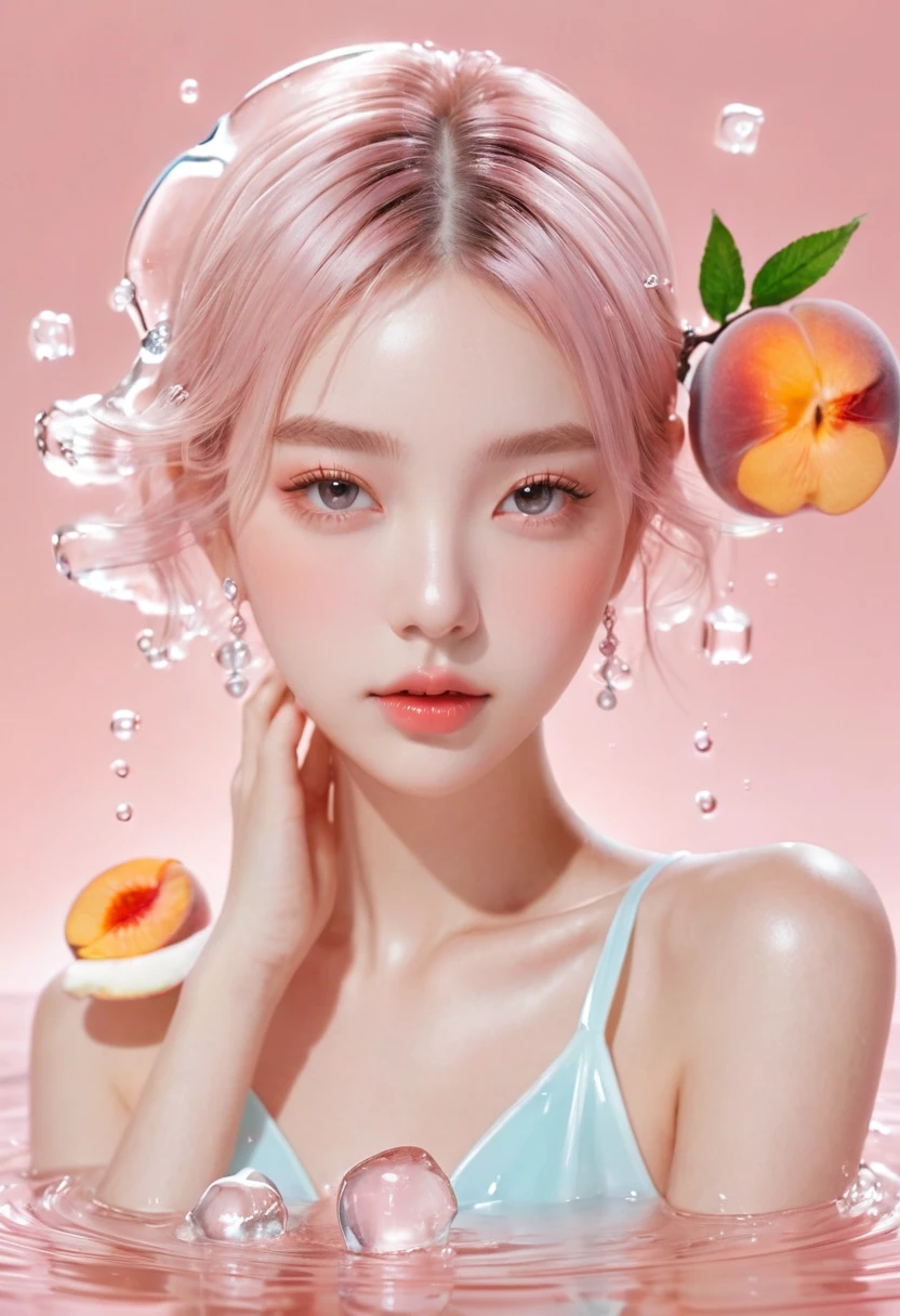 Summer Peach Girl,Dopamine age, Cool summer days,Ice cubes,The watery girl,Delicate skin,Hydration,Shiny,Shiny,dream,Front view,bust,pearl,Peach fruit,pink