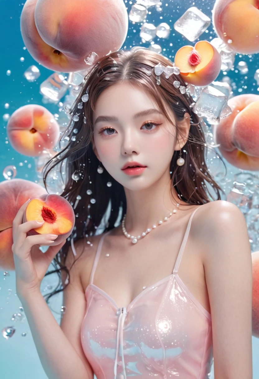 Summer Peach Girl,Dopamine age, Cool summer days,Ice cubes,The watery girl,Delicate skin,Hydration,Shiny,Shiny,dream,Front view,bust,pearl,Peach fruit,pink
