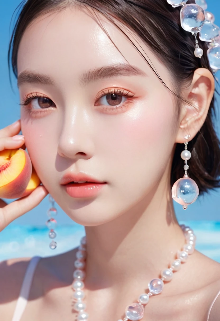 Summer Peach Girl,Dopamine teenage, Cool summer days,Ice cubes,The watery girl,Delicate skin,Hydration,Shiny,Shiny,dream,Front view,bust,pearl,Peach fruit,pink