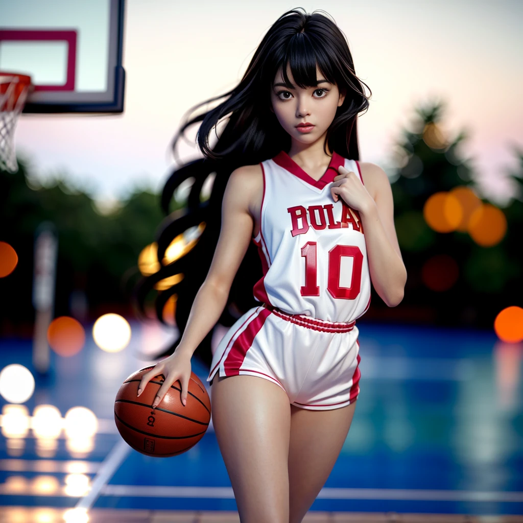 (8k, best quality, masterpiece:1.2), (realistic, photo-realistic:1.37), ultra-detailed,best quality, ultra high res, professional lighting, photon mapping, radiosity, physically-based rendering, cinematic lighting, basketball court,depth of field, sharp focus,sunbeam, good composition,(bokeh:1.2) 1girl,solo,(full body), (closed mouth),beautiful detailed eyes, pose, narrow waist,basketball uniform, black hair,messy hair,long hair floating in wind,(ulzzang-6500:1.2)
 mix4, hiqcgbody
