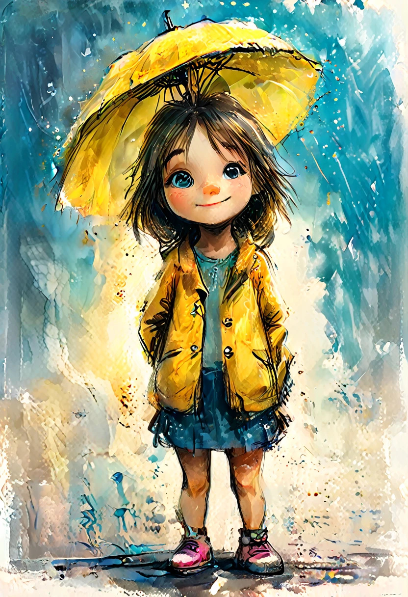 impactful colorful painting of a cute drawing of a little girl, the holds a yellow umbrella, highy detailed, 8K, Spitz, proffesional, clearing, hight contrast, crystal clearing
