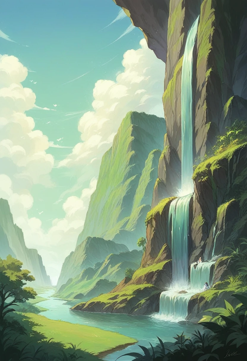 Amazing landscape, ultra detailed, super detailed, anime, Amazing, waterfall landscape, green, blue, Cafe