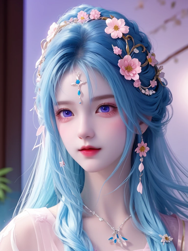 best quality, masterpiece, High target, There is a girl with a basket of flowers on her head, beautiful clothes, Hair Decorationss, necklace, Decorations, Pretty Face, When the body, Tyndall effect, Realistic Portraits, Edge lighting, Two-color light, (Very delicate skin:1.2), 8K uhd, Digital SLR Camera, Soft Light, high quality, Volumetric Lighting, Honest, photo, high resolution, 4K, 8K, Bokeh, Blue hair，purple hair ends, Pink Eyes.
