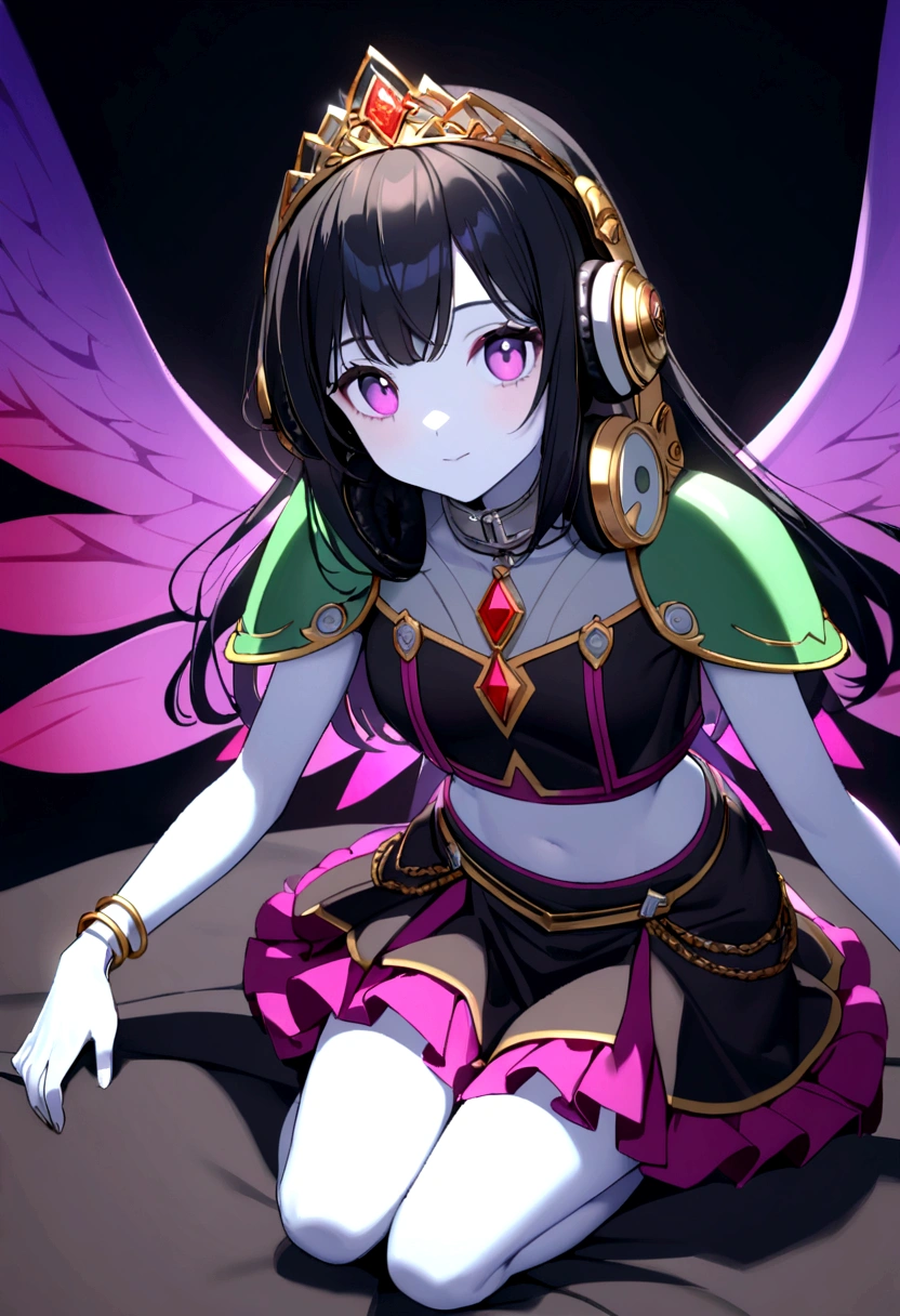 20 year old girl, light blue skin, long black hair with light green highlights, headphones with tiara, cute face, magenta eyes, grey collar with red gem, magenta crop top, white shoulder pads, open midriff, magenta wrapped skirt, golden anklets, barefoot, purple runic wings
