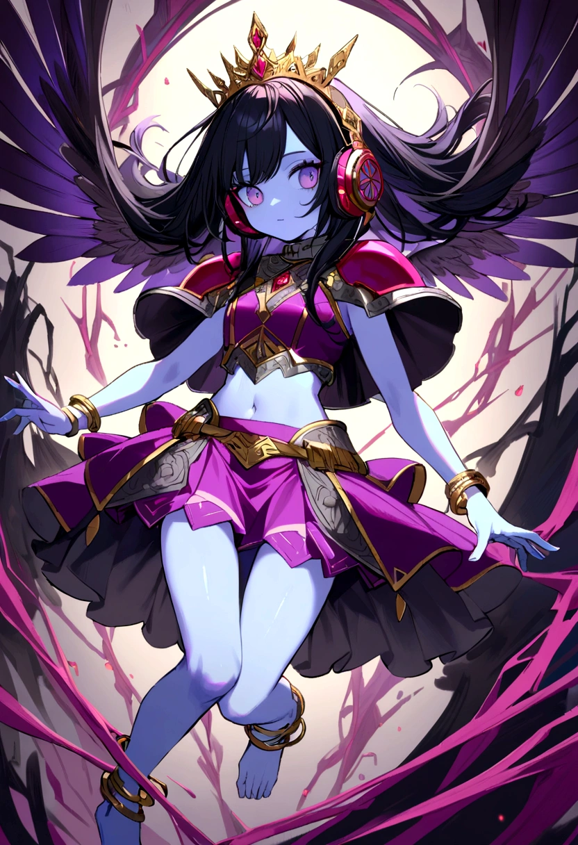 20 year old girl, light blue skin, long black hair with light green highlights, headphones with tiara, cute face, magenta eyes, grey collar with red gem, magenta crop top, white shoulder pads, open midriff, magenta wrapped skirt, golden anklets, barefoot, purple runic wings