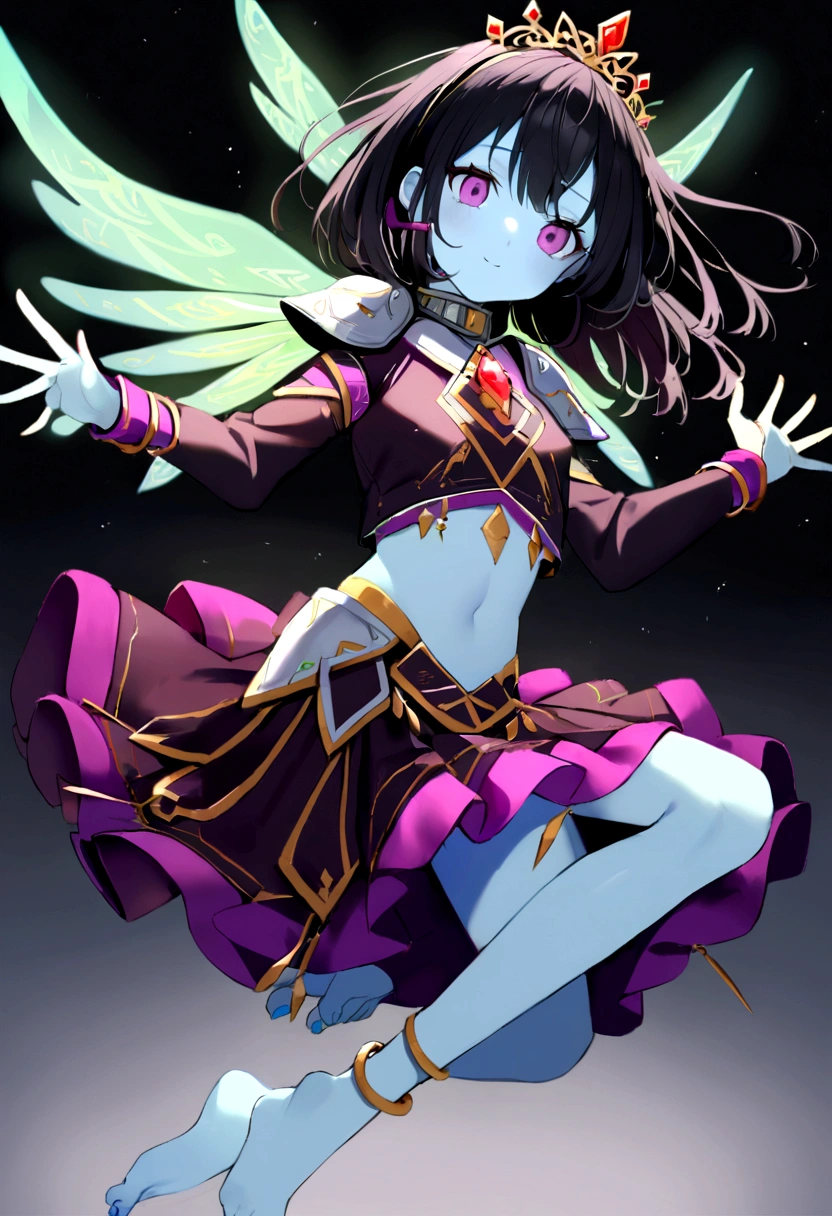 20 year old girl, light blue skin, long black hair with light green highlights, headphones with tiara, cute face, magenta eyes, grey collar with red gem, magenta crop top, white shoulder pads, open midriff, magenta wrapped skirt, golden anklets, barefoot, purple runic wings