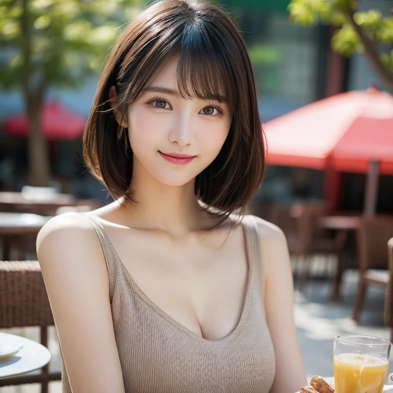 Highest quality:1.5）、(Realistic:1.5)、(1 person:1.5)、Very detailed、finely、High resolution、8k wallpaper、Perfect dynamic composition、Small breasts、Natural color lip、Cute Smile、Japanese women、20-year-old girl、Beautiful and elaborate face、Perfect and beautiful face、Beautiful and exquisite、Big eyes、Brunette's eyes、Beautiful and elaborate face、Perfect and beautiful double eyelids、Natural Bangs、Beautiful thin nose、Beautiful Skin、Chestnut Hair、Hair tied up、Natural Bangs、Open Cafe、Terrace seats、Perfect and beautiful face、Natural pose、Slim face and figure、(Looking into the camera)、Bright lighting、Professional Lighting、Front lighting、Bold sexy pose、Natural smile、Make it cold、Holter shoulder、Beautiful clavicle、（A sexy shot of her looking straight into the camera）、Large Breasts、Upper body all、From the stomach up、