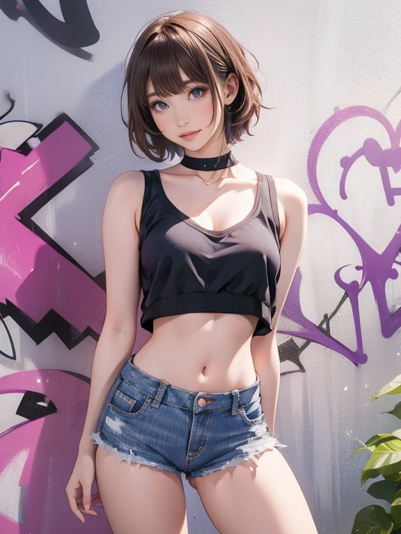 One girl、Age 25、Oversized breasts、Crop top、Shorts Jeans、Oversized breasts、rose、Crop top、Shorts Jeans、choker、（Graffiti：1.5）、Purple lightning splash。、Arms behind your back、Leaning against a wall、Facing the viewer from the front。、Thigh straps、Tilt your head、boredom、Watery eye、