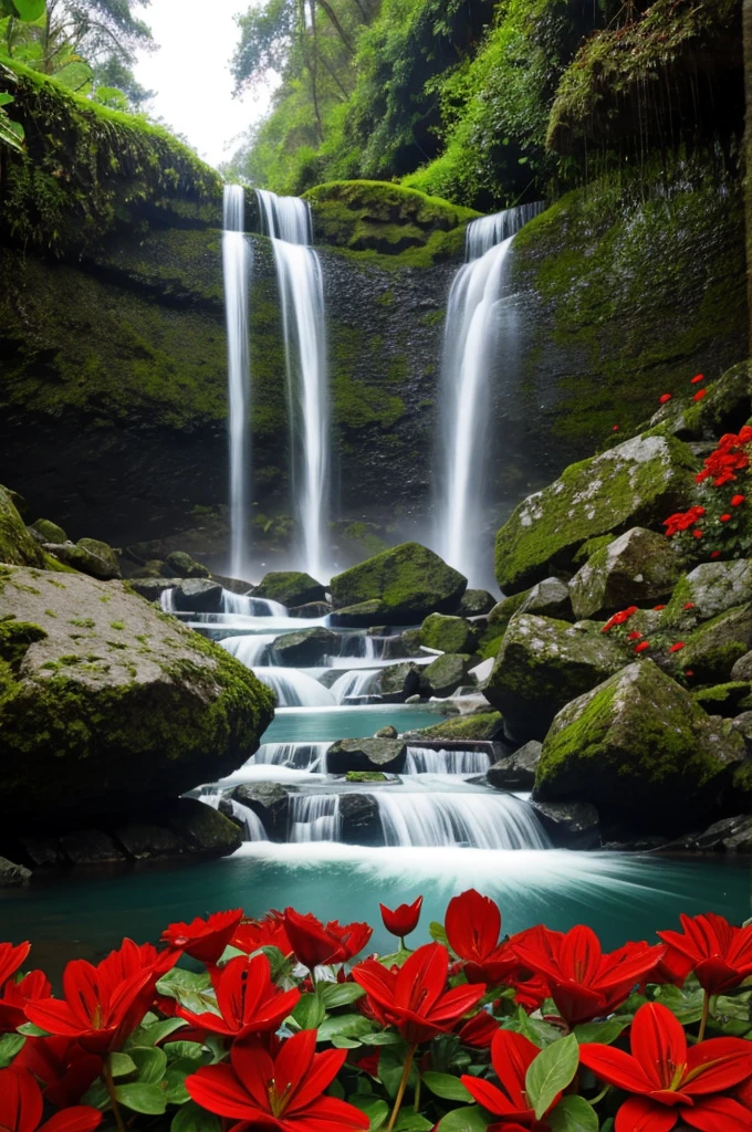 red flowers with waterfall