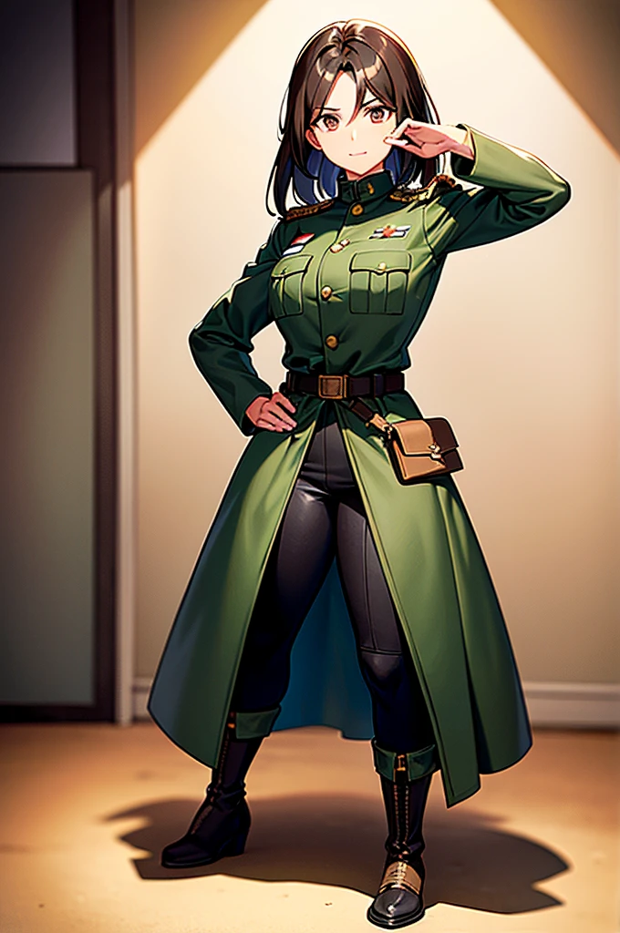 Content: A mature, brown anime woman in a military uniform. She has dark brown eyes, brown skin, brown hair that ends halfway down her back, and military boots. Her military uniform has themes of brown to reflect the desert background, and she carries binoculars. Her appearance is loosely inspired by Erwin Rommel. She wears a confident smile, looking very mature, with her hands on her hips. Medium: Digital art, anime illustration. Style: Pixiv contest winner, fine art, with elements inspired by historical military aesthetics and anime character design. Lighting: Dramatic, with strong contrasts to highlight her authoritative presence and the details of her uniform. Subtle shadows to add depth and realism. Colours: A palette dominated by military greens, browns, and blacks to reflect the desert environment. Composition: A full body shot. She salutes to the camera, showcasing her confidence and authority.
