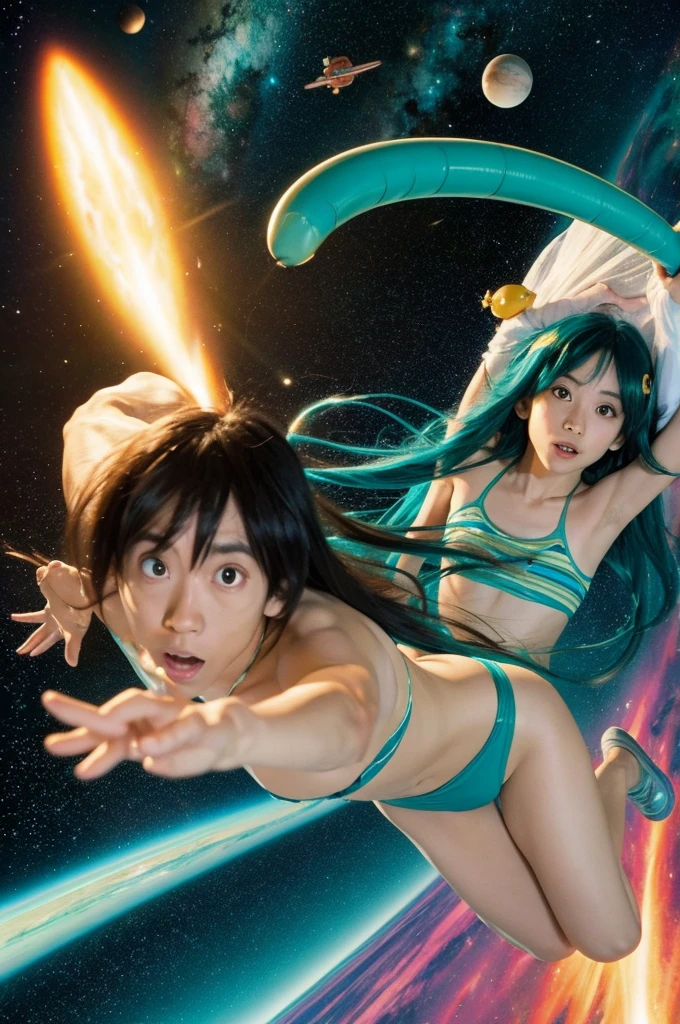 “Lum from Urusei Yatsura and Gatchan flying through space. Lum is chasing Ataru Moroboshi.”