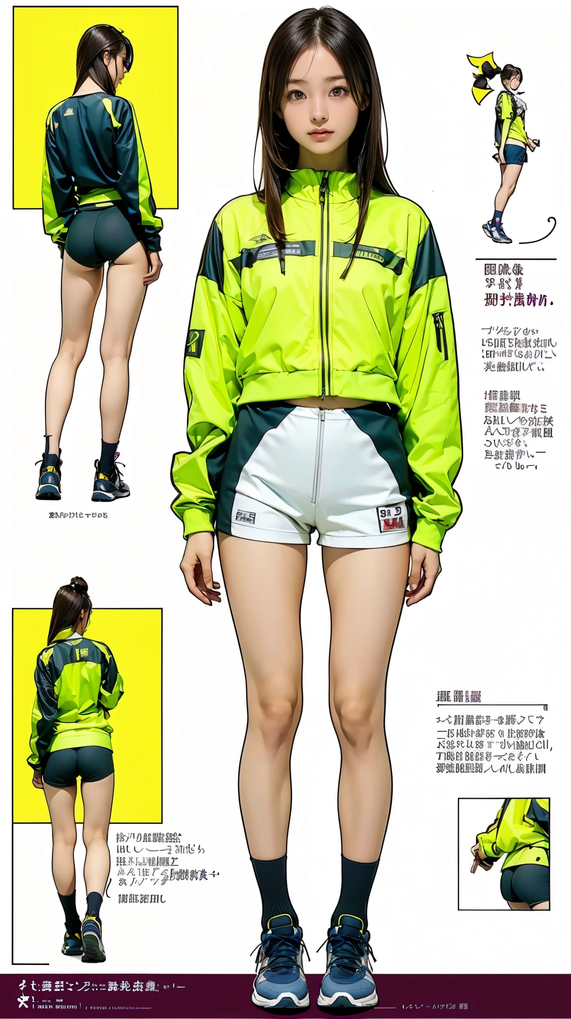 ((masterpiece)),(((Highest quality))),((1 person, Reference Sheet, Character Design, front, return, ~ ~ ~ side))), Very slim, Very small ass, Thin thighs, Long legs, It's not a big deal, Wearing a marathon uniform and marathon shoes, ((Browsing Caution:1.3)),Hip Up:1.5,
