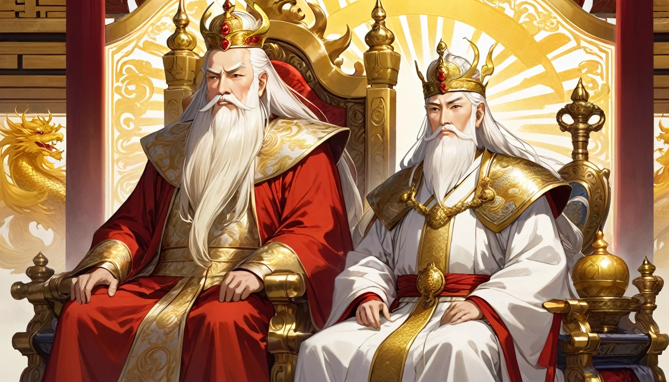 two men,An old emperor named John,Tall, Square face.Silver long hair,Wearing a golden crown, Thick eyebrows,Long white beard.,Pale complexion, Wearing a gorgeous golden robe,Embroidered with dragon pattern.;Another young general named Ken,Burly figure,Long face, Blonde short hair,Thick eyebrows,Short whiskers,Healthy bronze,Wearing a red armor,Symbol with sun,There is a golden sword on the waist; John is sitting majestically on a glittering throne。Ken stands in front of the throne,Looks like he's protecting the man sitting on the throne,There was an air of respect and loyalty between the two.。