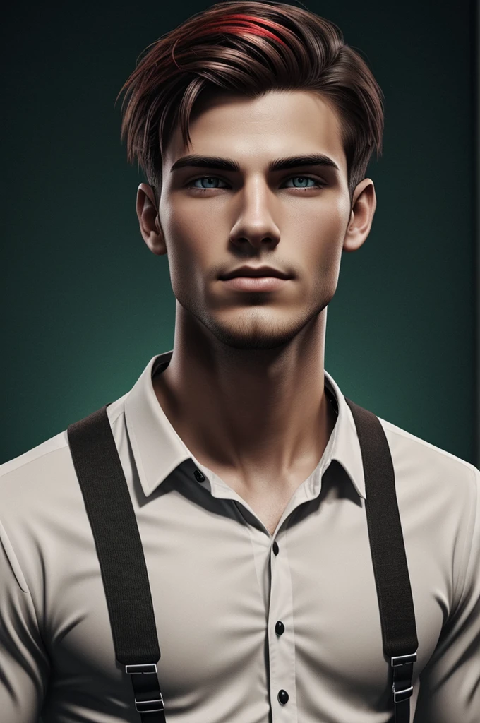 22 year old man, dark green eyes, brown hair with red highlights, with a piercing in the mouth on the left side, He is a calm and friendly person but with a strong character, dress him in black and white clothes Digital illustration of video game characters 