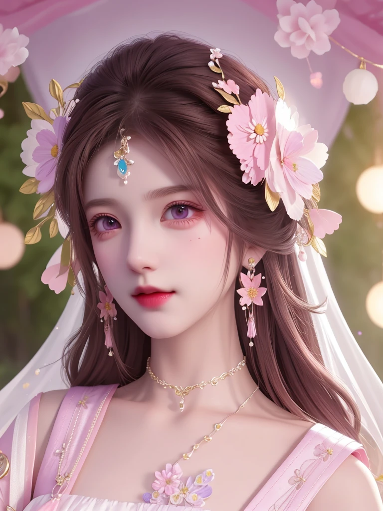 best quality, masterpiece, High target, There is a girl with a basket of flowers on her head, beautiful clothes, Hair Decorationss, necklace, Decorations, Pretty Face, When the body, Tyndall effect, Realistic Portraits, Edge lighting, Two-color light, (Very delicate skin:1.2), 8K uhd, Digital SLR Camera, Soft Light, high quality, Volumetric Lighting, Honest, photo, high resolution, 4K, 8K, Bokeh, Brown hair,purple hair ends, Pink Eyes.