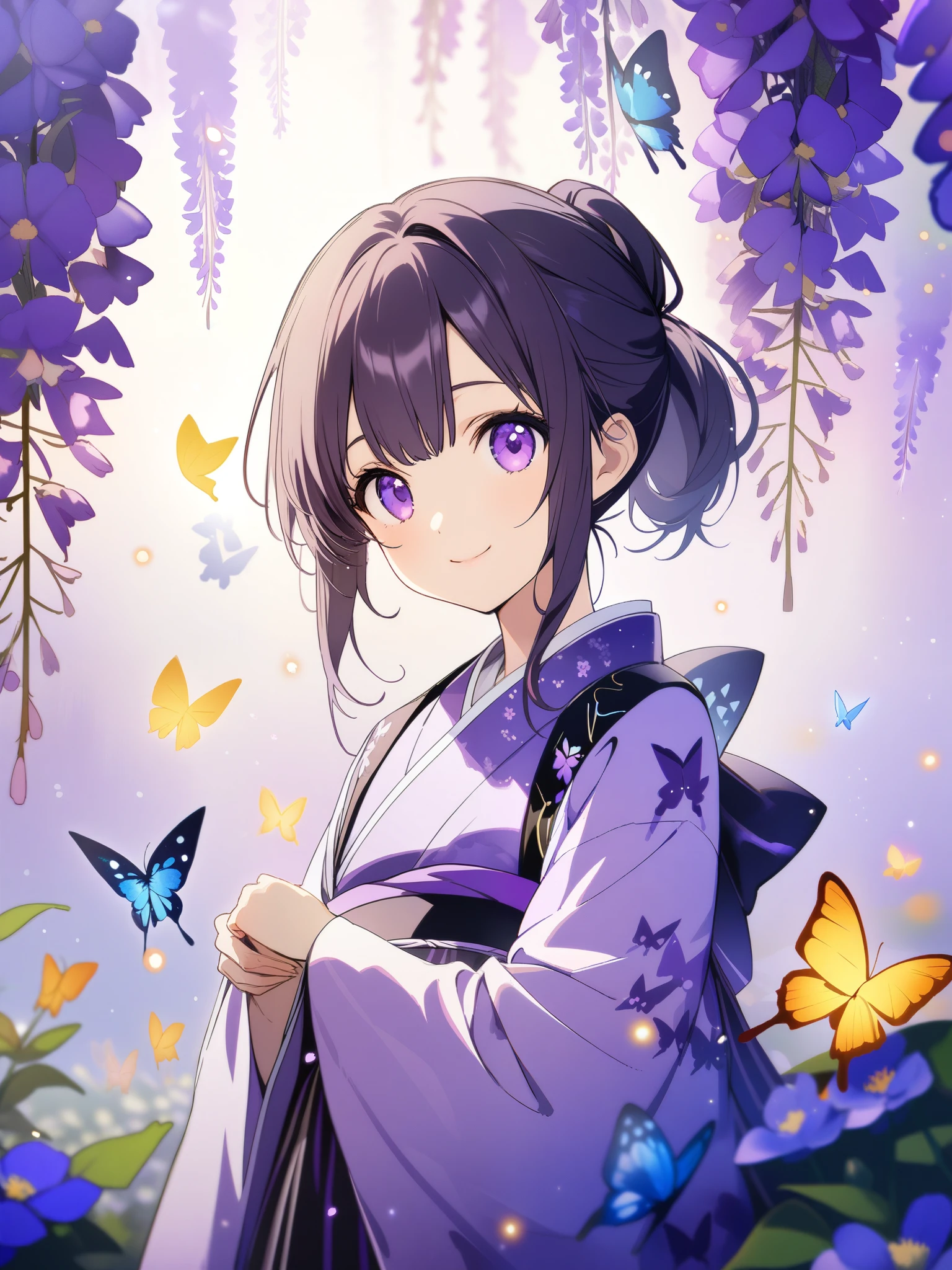 (32k), ((cute girl)), (hight quality), (high-level image quality), (smile), (hight quality wisteria flowers background), (32k background), (wisteria trellis), (purple short ponytail), (purple eyes), (18 years old), (illustration), (purple light particles), (purple kimono), (purple Japanese clothes), (((front))), (32k), (beautiful cute girl), (butterfly ornament), (butterfly dress), ((many butterflies)), (((background of many flowers ))), (((bright background))), (beautiful world), (cute world), (smile), 