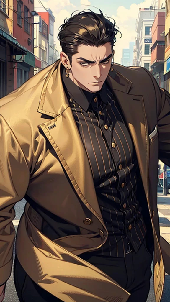 Man, large man, tall man, short hair, business short hair, slicked back hair, tough-looking face, middle-aged, black and gold striped shirt, well-built body, gold earrings in both ears