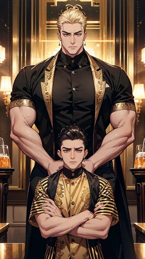 Man, large man, tall man, short hair, business short hair, slicked back hair, tough-looking face, middle-aged, black and gold striped shirt, well-built body, gold earrings in both ears