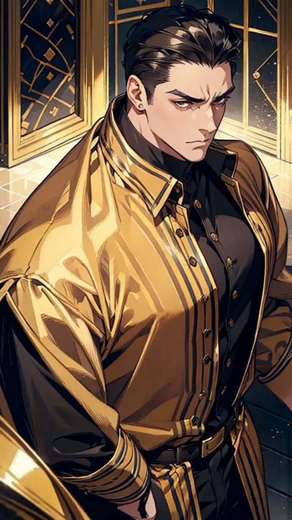 Man, large man, tall man, short hair, business short hair, slicked back hair, tough-looking face, middle-aged, black and gold striped shirt, well-built body, gold earrings in both ears