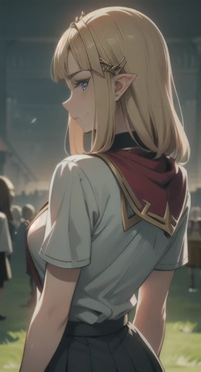 Sweating, Princess Zelda, Hyrule high school, school's uniform, students everywhere, looking at viewer annoyed, back view,
