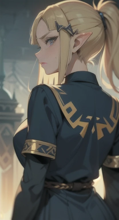 Sweating, Princess Zelda, Hyrule high school, school's uniform, students everywhere, looking at viewer annoyed, back view,
