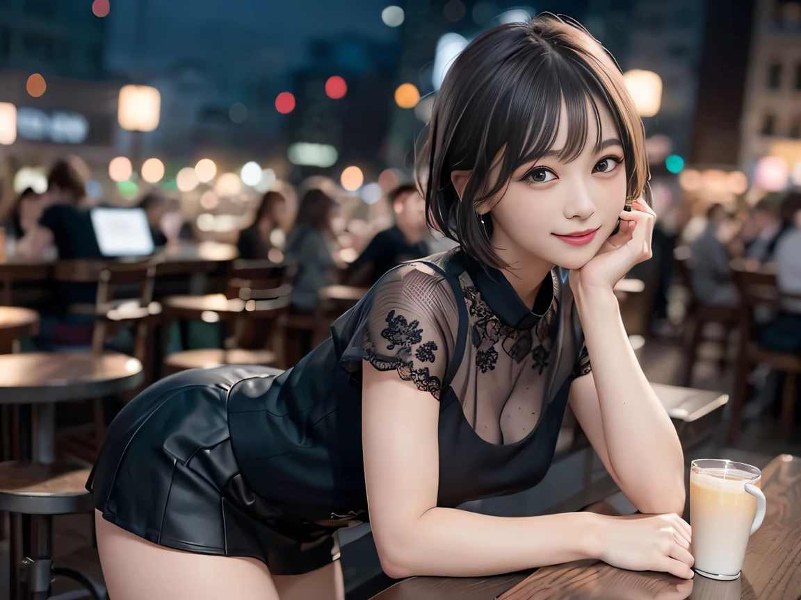 (Highest quality, masterpiece, Ultra-high resolution, 8K, RAW Photos, Realistic, Anatomically correct:1.5), (Stainless steel round bar fence:1.0, Put your elbow on the fence:1.2, 20-year-old girl:1.2, Embarrassing, avert your eyes, blush:1.0, View Viewer, ((bar)) 、Night view、 Light:1.2, Bokeh, Cinema Lighting:1.0, Depth of written boundary, sharp、 Cute face、Idol、Black short sleeve lace top、Black pleated skirt、Black clothing、”dwarf”、(Floral clothes)、Full Body Shot、Side angle、Cowboy Shot、 smile、(Ultra short hair、Short ponytail)、(Straight bangs)、((See-through))、(( One Girl))