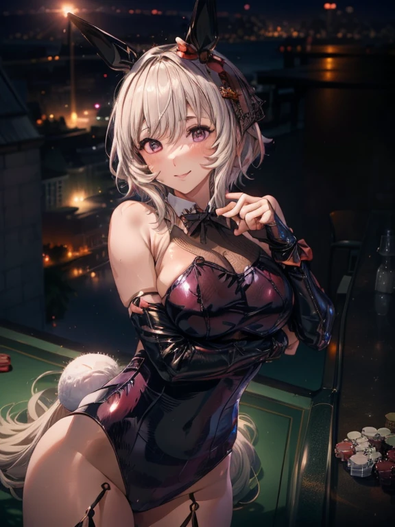 top-quality、Full limbs、complete fingers、curren chan \(umamusume\)、one beautiful women、Beautiful busty woman、bunnygirl、((A woman wearing a black bunny girl leotard))、A woman wearing black fishnet stockings、woman wearing a black bow tie、casino、pokies、roulette、Naughty Poses、A big smile