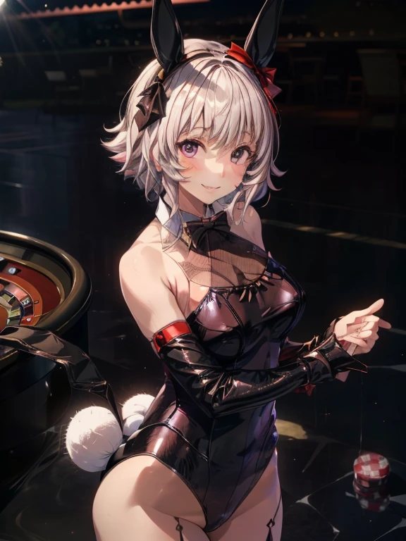 top-quality、Full limbs、complete fingers、curren chan \(umamusume\)、one beautiful women、Beautiful busty woman、bunnygirl、((A woman wearing a black bunny girl leotard))、A woman wearing black fishnet stockings、woman wearing a black bow tie、casino、pokies、roulette、Naughty Poses、A big smile