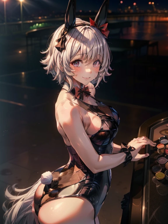 top-quality、Full limbs、complete fingers、curren chan \(umamusume\)、one beautiful women、Beautiful busty woman、bunnygirl、((A woman wearing a black bunny girl leotard))、A woman wearing black fishnet stockings、woman wearing a black bow tie、casino、pokies、roulette、Naughty Poses、A big smile