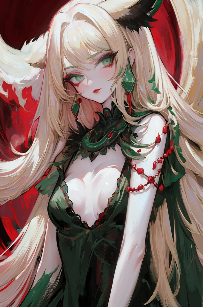 sweetheart, (solo), pale-skinned, cabelos preto e longos, fox ear, Green-eyed, Red Eyeshadow, red lip stick, black magic dress, awas, pervert smirk, tmasterpiece, high high quality