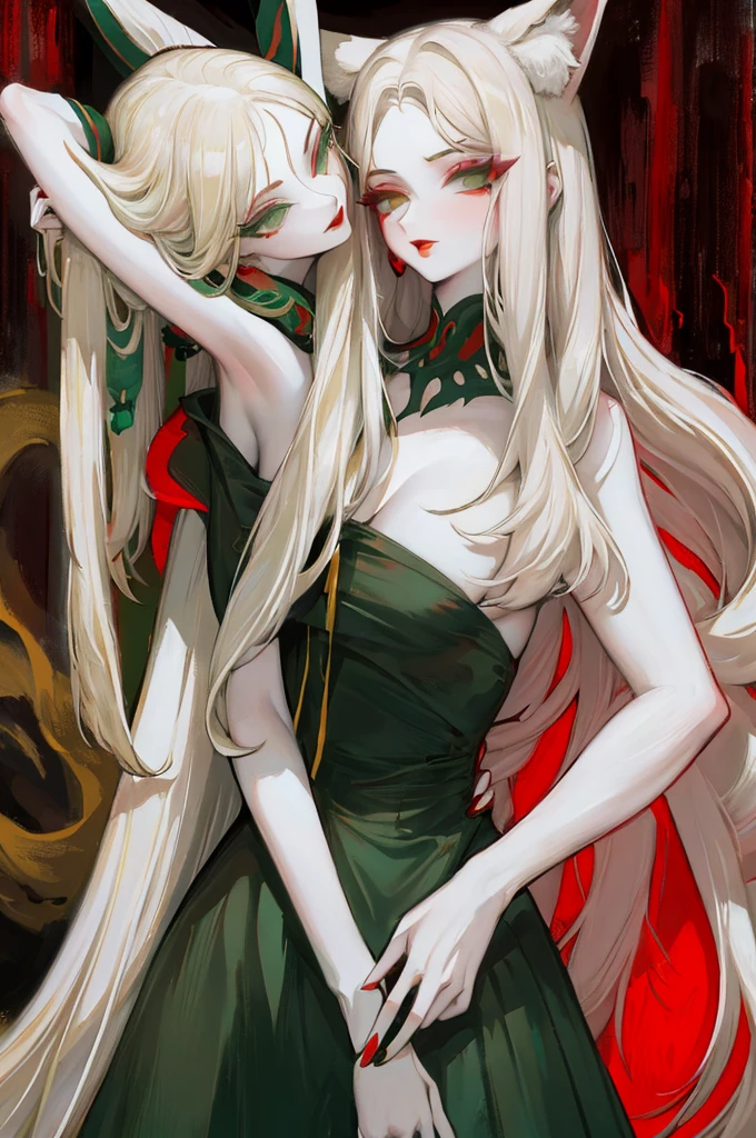 sweetheart, (solo), pale-skinned, cabelos preto e longos, fox ear, Green-eyed, Red Eyeshadow, red lip stick, black magic dress, awas, pervert smirk, tmasterpiece, high high quality