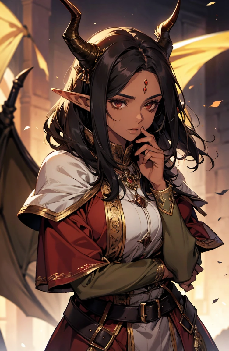 brown skin, older woman, sexy, tall, brown skin, one dragon wing, black hair, elf, elf ears, dragon horns, army, ruler