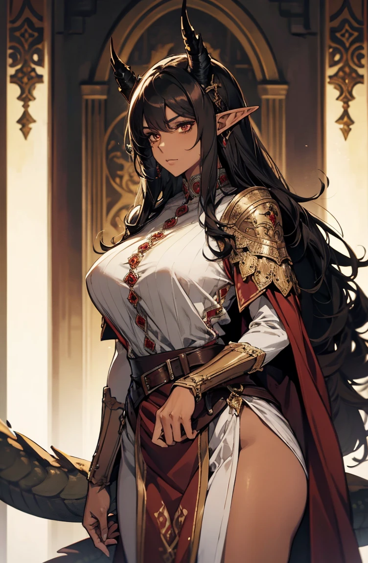 brown skin, older woman, sexy, tall, brown skin, one dragon wing, black hair, elf, elf ears, dragon horns, army, ruler