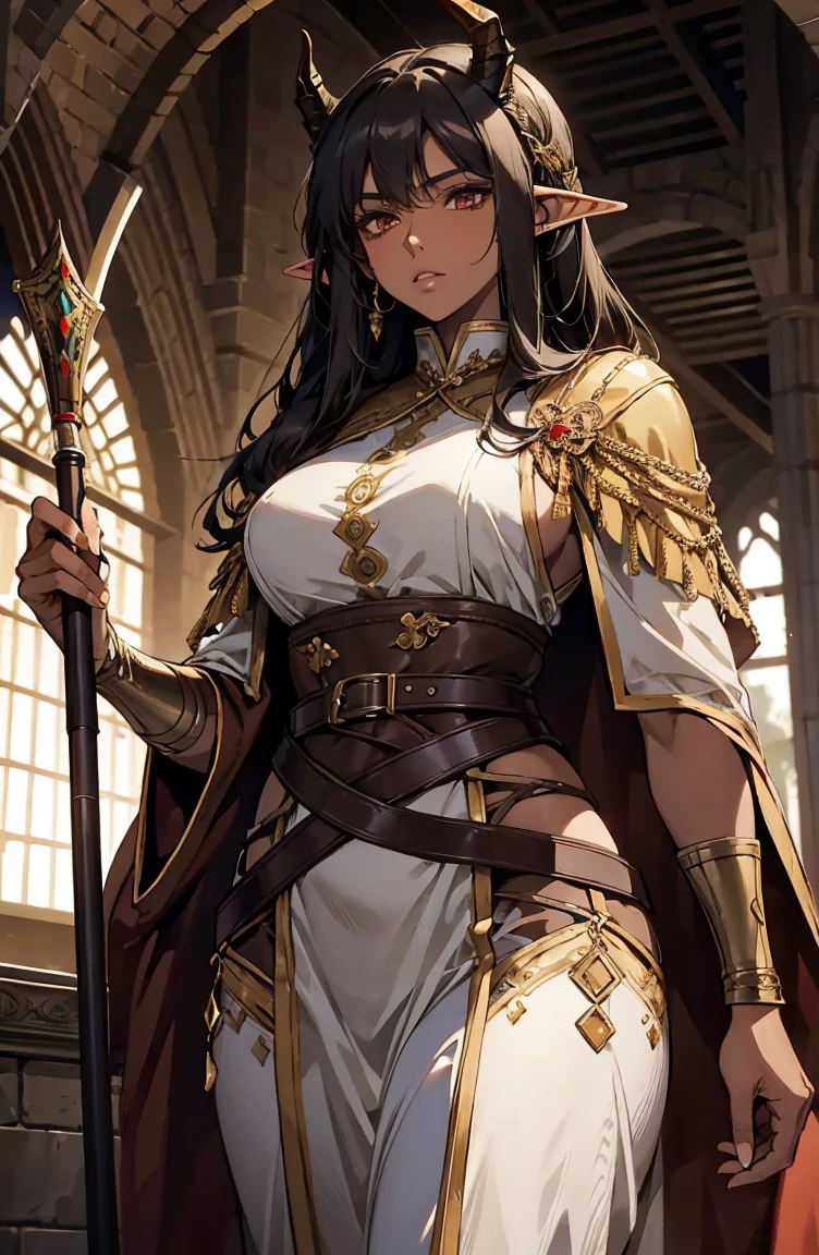 brown skin, older woman, sexy, tall, brown skin, one dragon wing, black hair, elf, elf ears, dragon horns, army, ruler