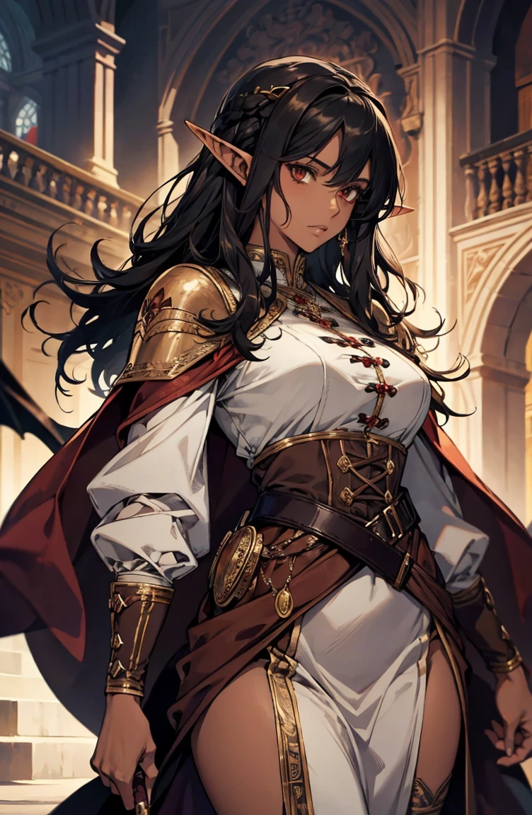 brown skin, older woman, sexy, tall, brown skin, one dragon wing, black hair, elf, elf ears, dragon horns, army, ruler