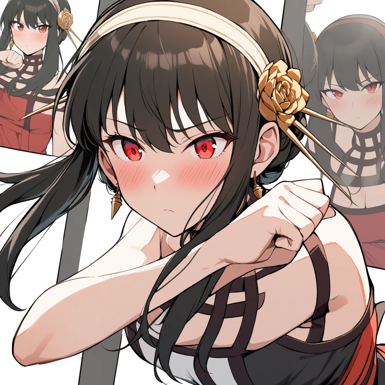 1 girl,yorbriar,yor briar,alone,audience,white background,fighting stance,blush,red eyes,breathing,avatar,half body,colorless manga style,angle,masterpiece,best quality