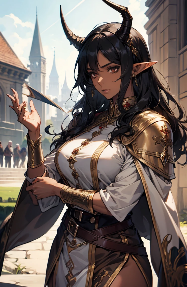brown skin, older woman, sexy, tall, brown skin, one dragon wing, black hair, elf, elf ears, dragon horns, army, ruler