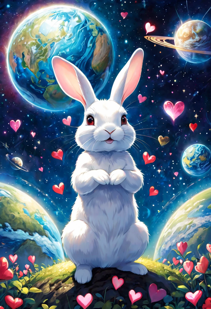 A shining earth surrounded by hearts, outer space, and a sacred moment, rabbits