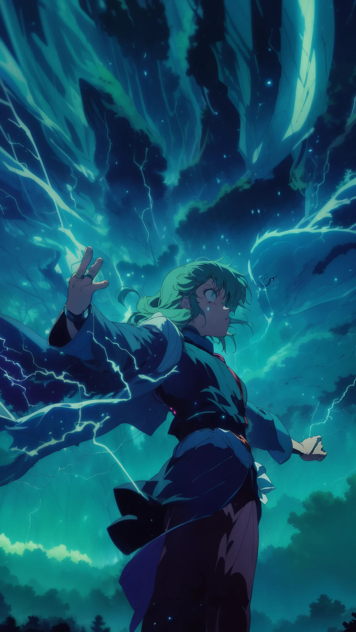 In a mystical forest clearing, our lone hero ager raises their arms, conjuring swirling winds and crackling lightning. The dynamic angle captures the raw power of their magic, abasterpiece)), ((best quality)), ultra detailed,((illustration)), dynamic angle, detailed light, (delicate eyes), (ahoge:0.8),apathy, ray,frontage,style of anime4 k, 4k anime wallpaper, badass anime 8 k, 4 k comic wallpaper
