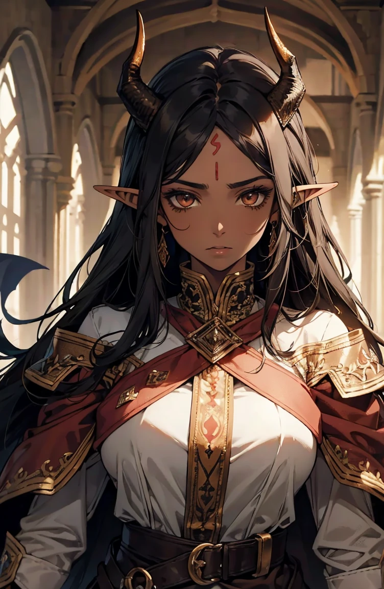 brown skin, older woman, sexy, tall, brown skin, one dragon wing, black hair, elf, elf ears, dragon horns, army, ruler