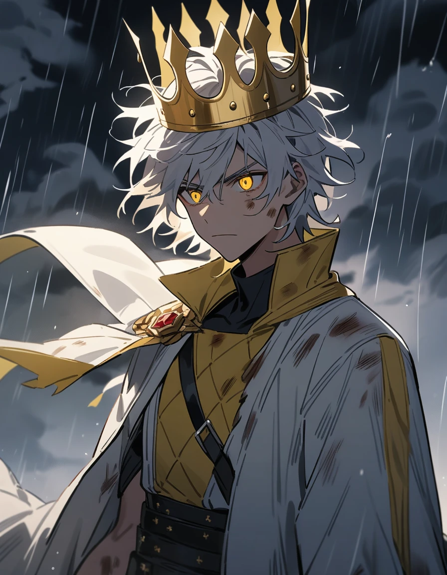 （only one person），dark sky，heavy rain，lightning，Dark clouds，(Battle damage，Battle damage), man, king, white clothes with yellow details, butter color messy hair, yellow eyes, badass, wind, wearing a crown, short messy hair